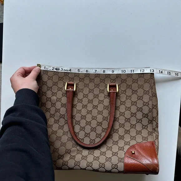 Vintage Gucci GG Logo Nailhead Tote Canvas Leather Tan Brown